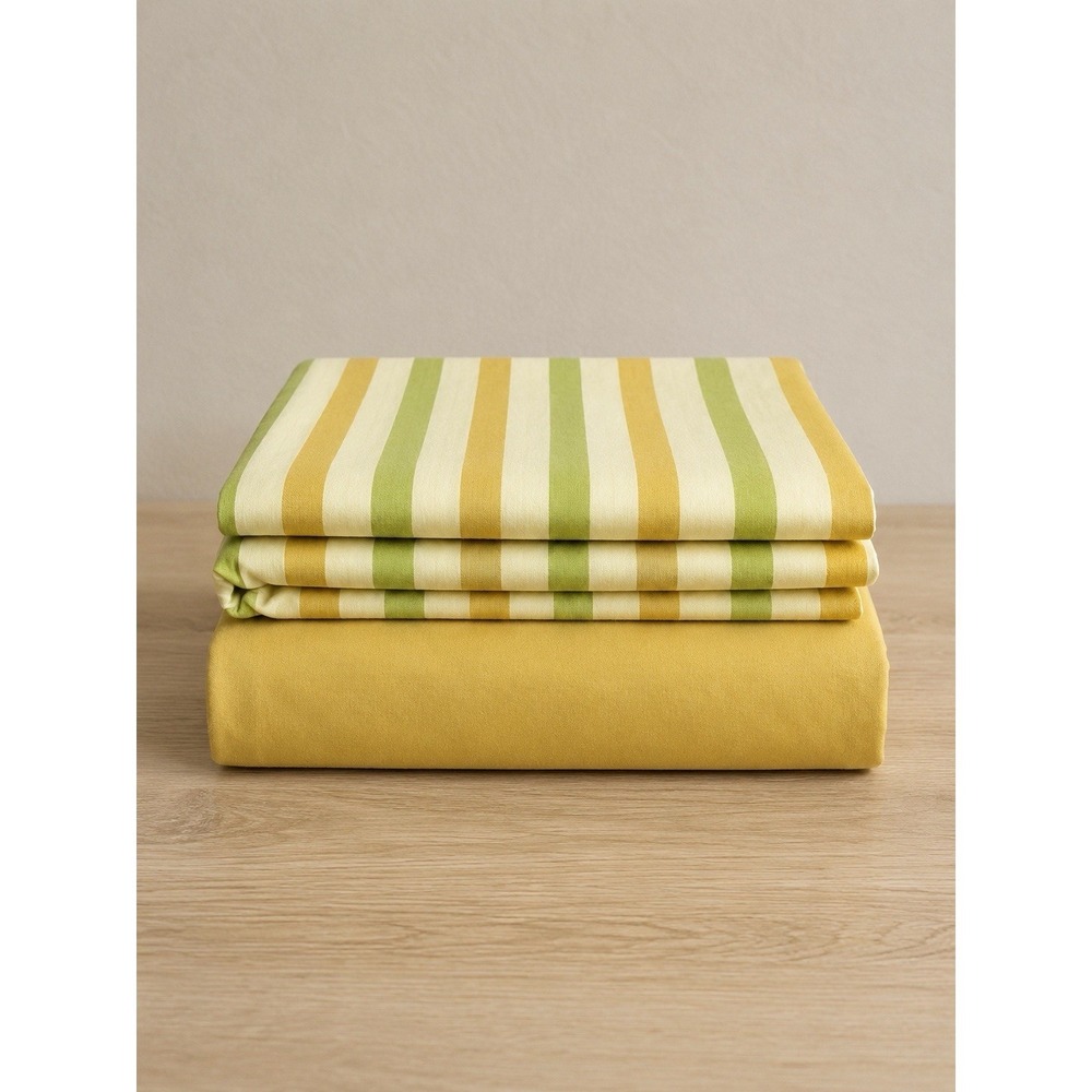 VTG Mohawk Double Sheet Set Mustard Yellow Green Stripe USA Flat Fitted 70s